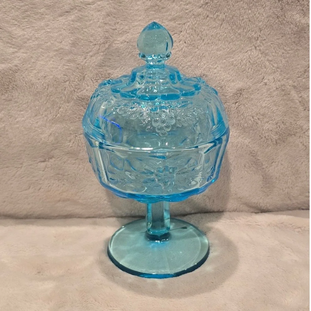 Vintage Westmoreland Blue Glass Candy Dish Lidded Compote Grape/Leaf Pattern